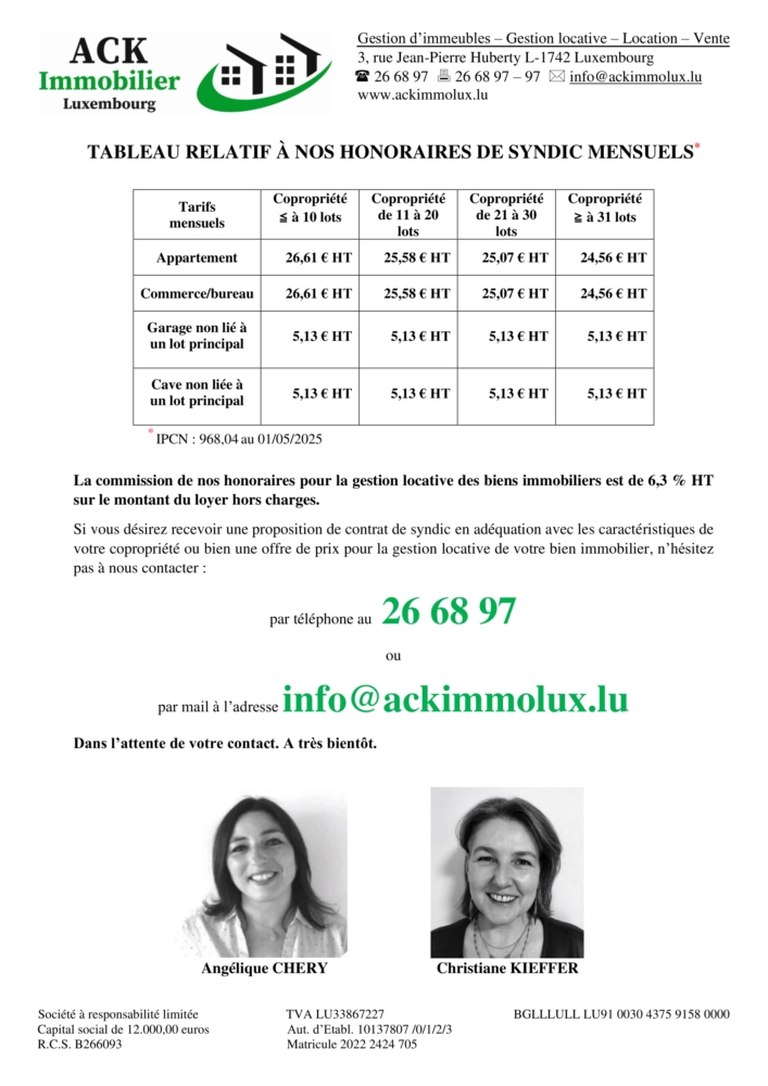 Tarifs ACK Immobilier Luxembourg à partir du 01/05/2025