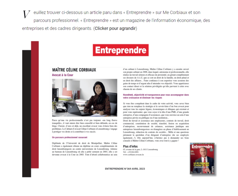 Article magazine "Entreprendre"