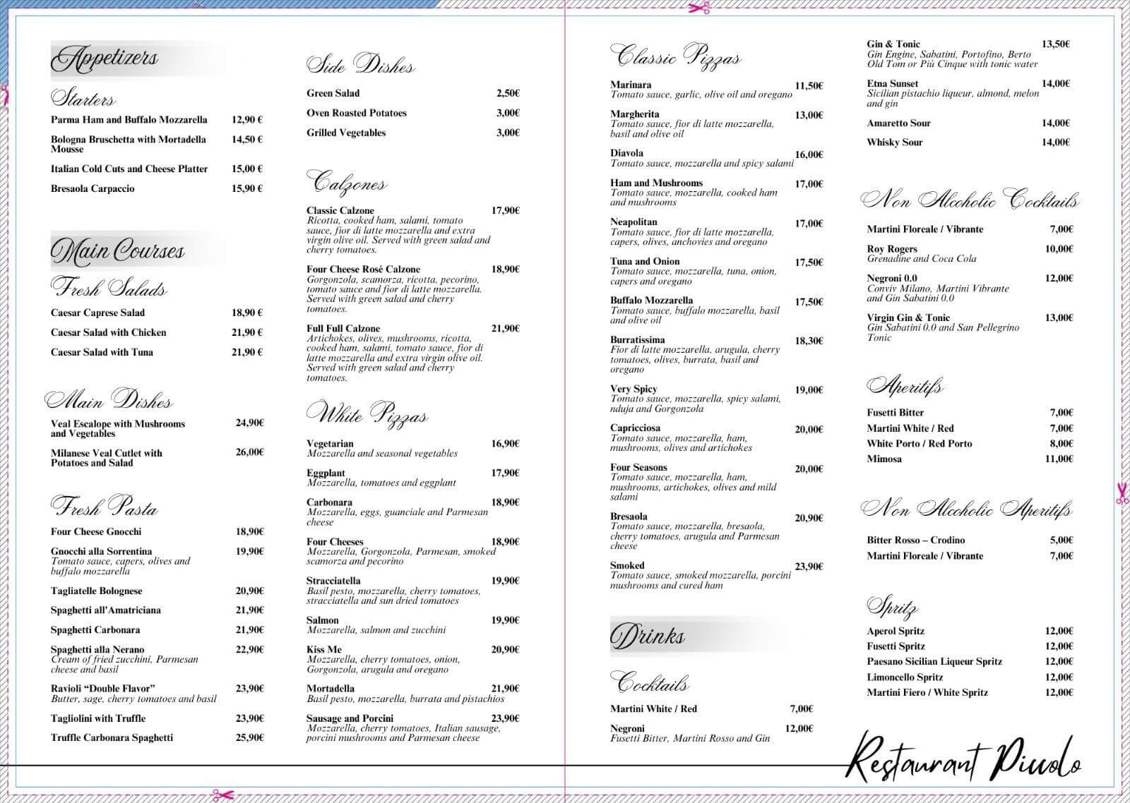 Menu en Anglais 1