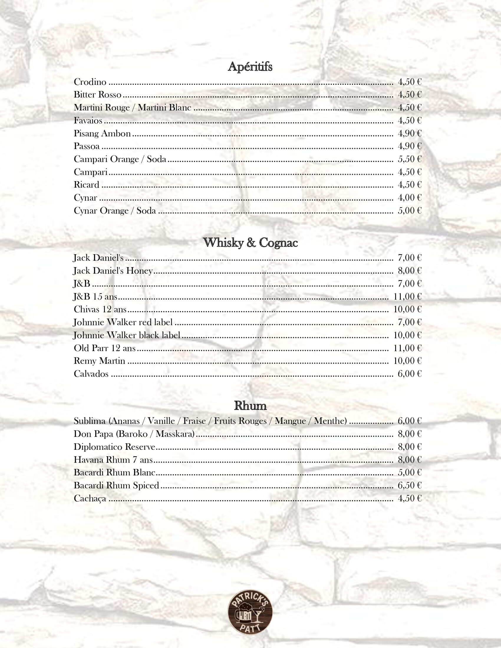 Apéritifs, Whisky & Cognac, Rhum