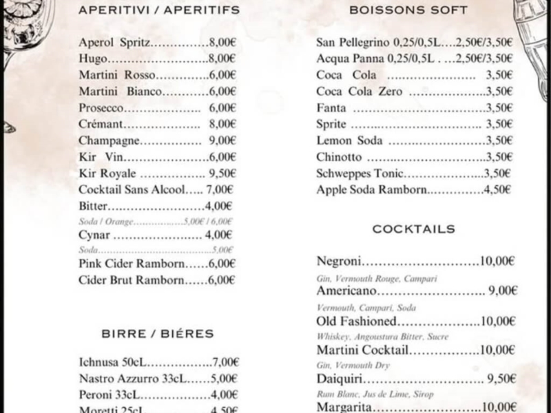 Apéritifs/Boissons soft/Bières/Cocktails